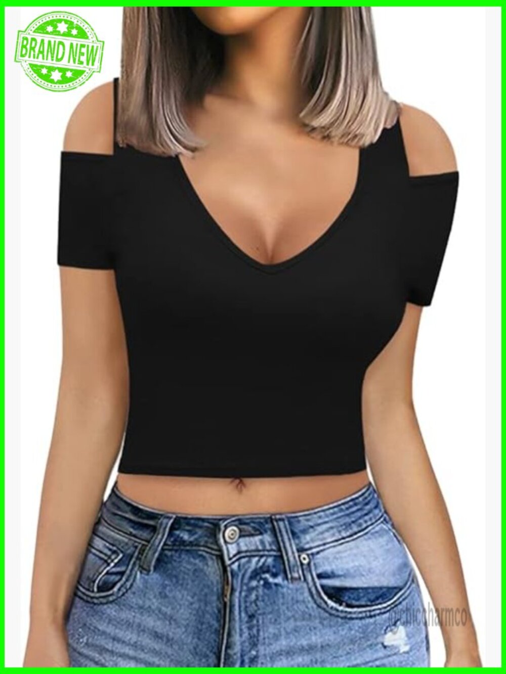 V-Neck Cold Shoulder Crop Top Short Sleeve Fitted Ribbed Summer Top